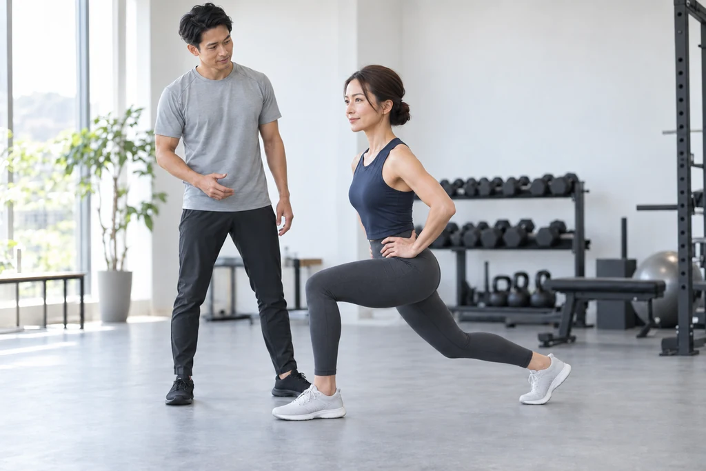 生成イメージ:利用者が自重ランジを行い、トレーナーが見守る指導のイメージ
